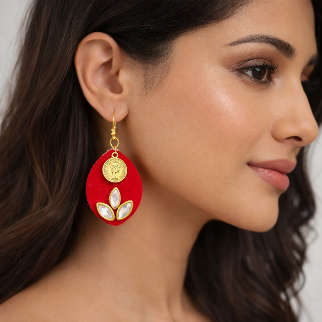 Red Fabric Earrings with Coin & Kundan Detailing