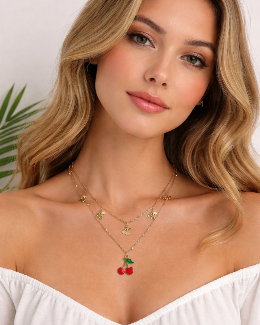 Layered cherry charm necklace