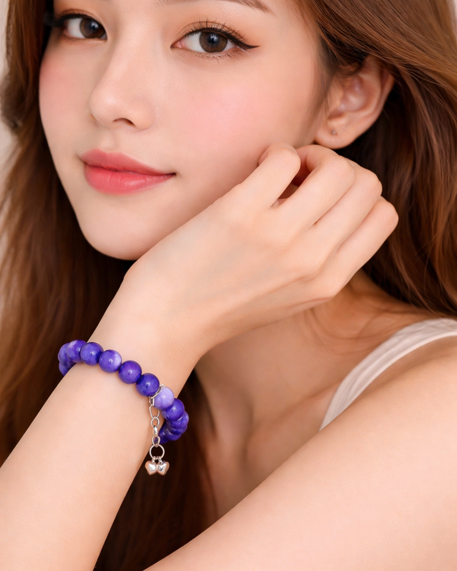 Royal Purple Agate Bead Bracelet with Silver Charm