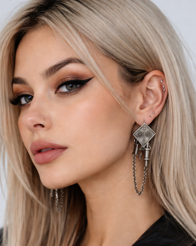 Indo-fusion Style Kite Dangling Earrings with Chain