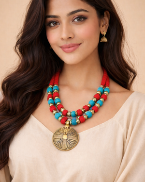 Antique charm and beads with cotton beads necklace