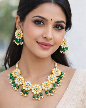 Floral Kundan Necklace Set with Green Beads