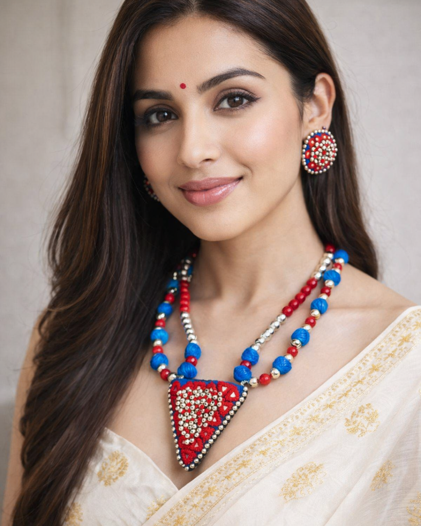 Handcrafted Blue and Red Thread Necklace Set