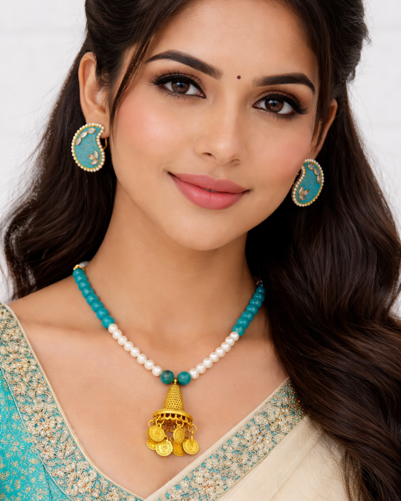 turquoise beads gold tone jumka pendent