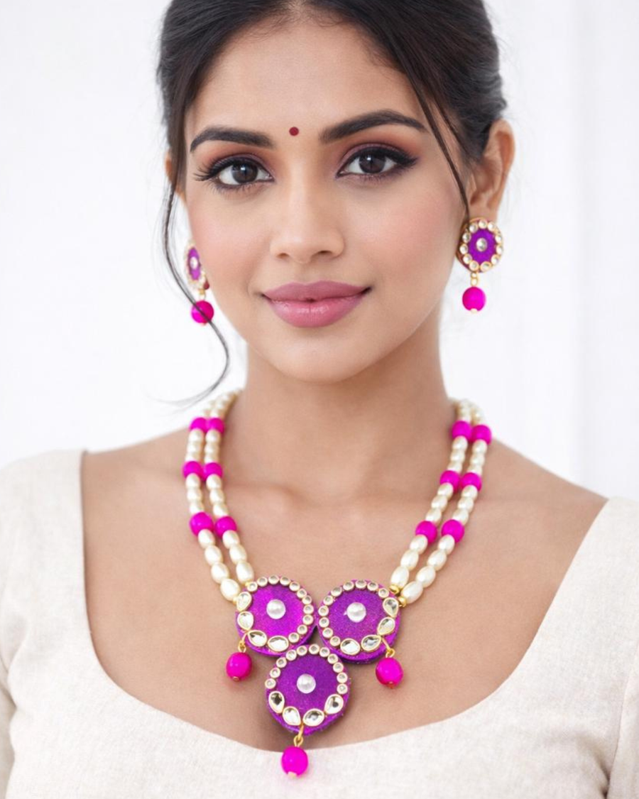 Pink Kundan Pearl Statement Necklace Set with Earrings