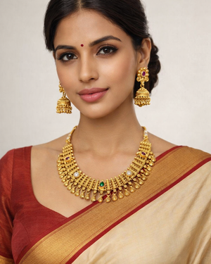 Royal Temple Style Gold Necklace Set with Jumkha Earrings
