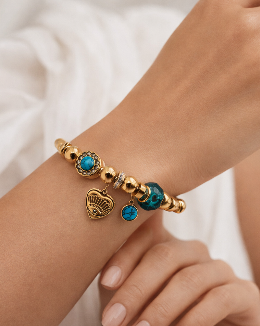 Turqoise stone,gold beads,charm bracelet