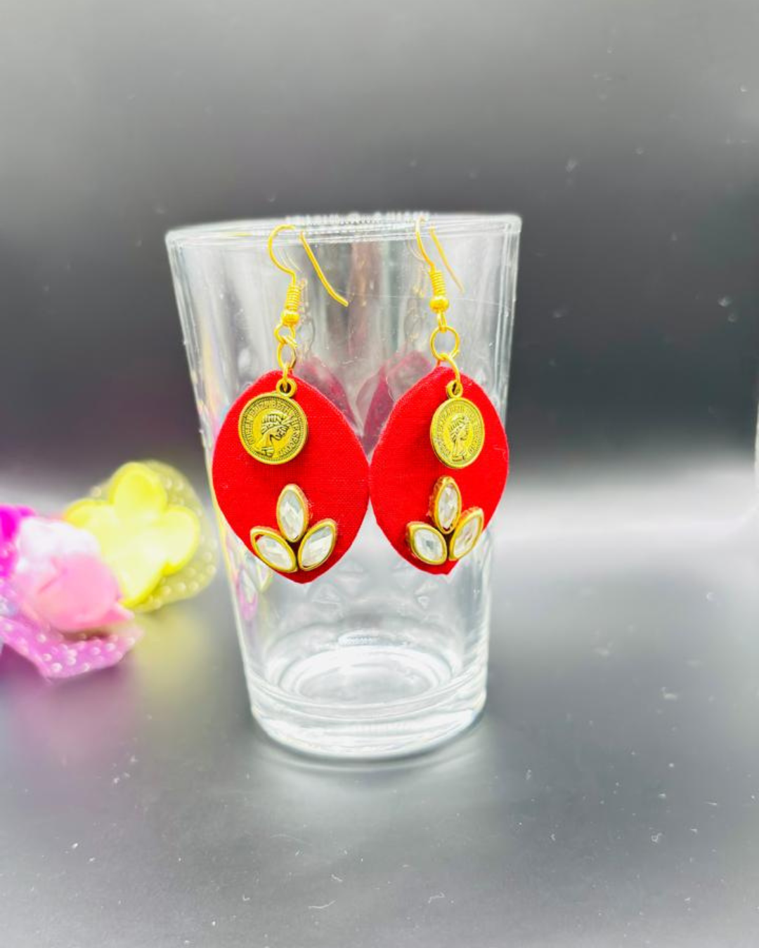 Red Fabric Earrings with Coin & Kundan Detailing