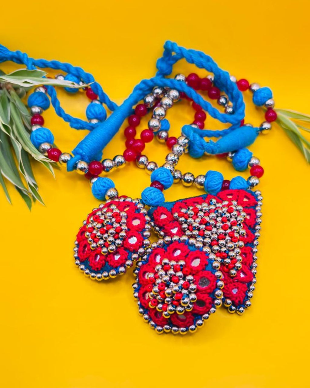 Handcrafted Blue and Red Thread Necklace Set