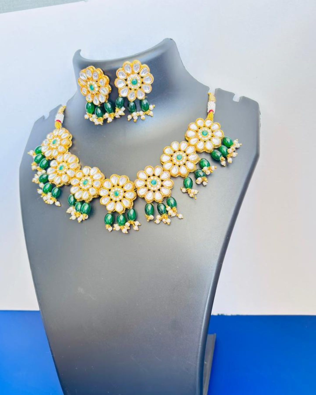 Floral Kundan Necklace Set with Green Beads