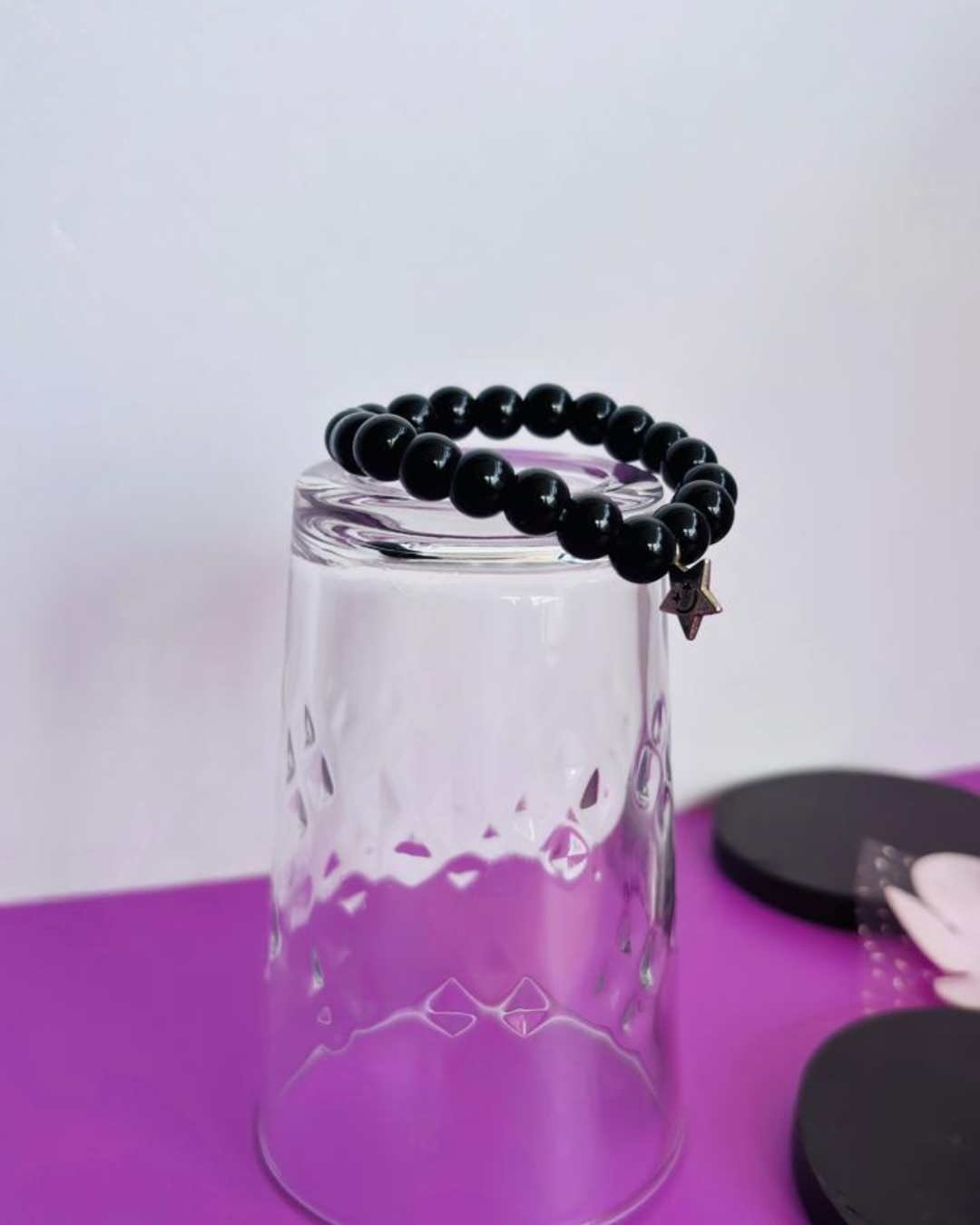 Black Glossy Bead Bracelet with Star Charm