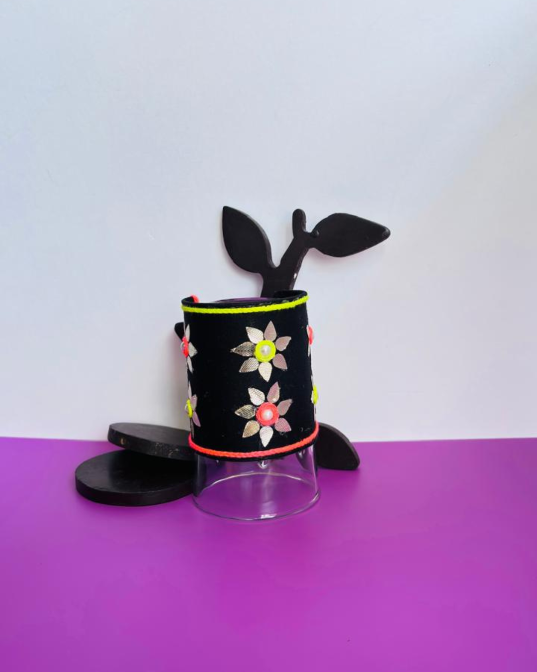 Floral Embellished Black Fabric Hand Cuff